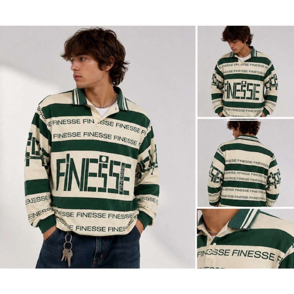 Vintage Finesse Rugby Polo Shirt Green Cream All Over Print Y2K Streetwear M